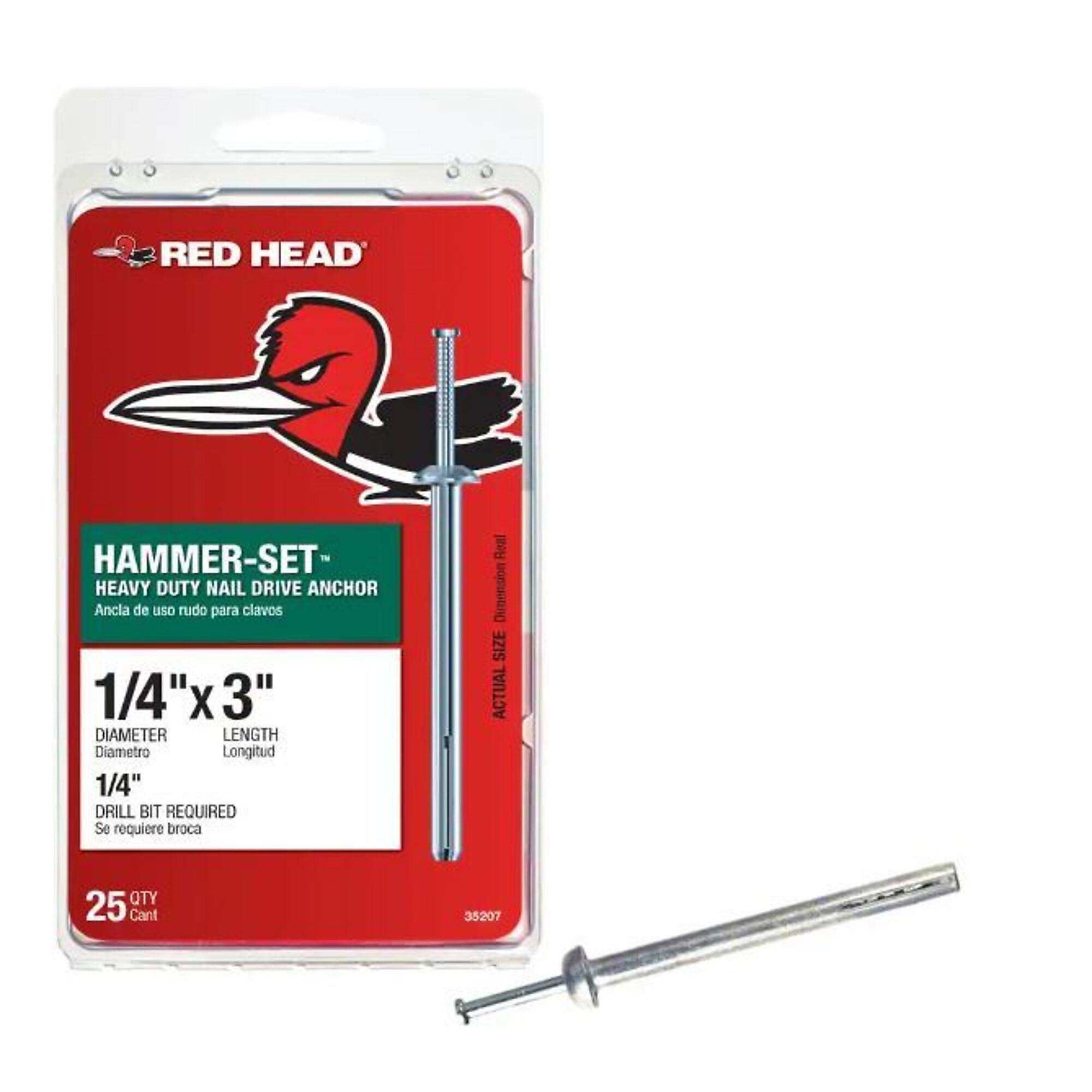 Red Head Hammer-Set Anchors - 1/4in. x 3in., Zinc, 25 Pcs, Model# 35207